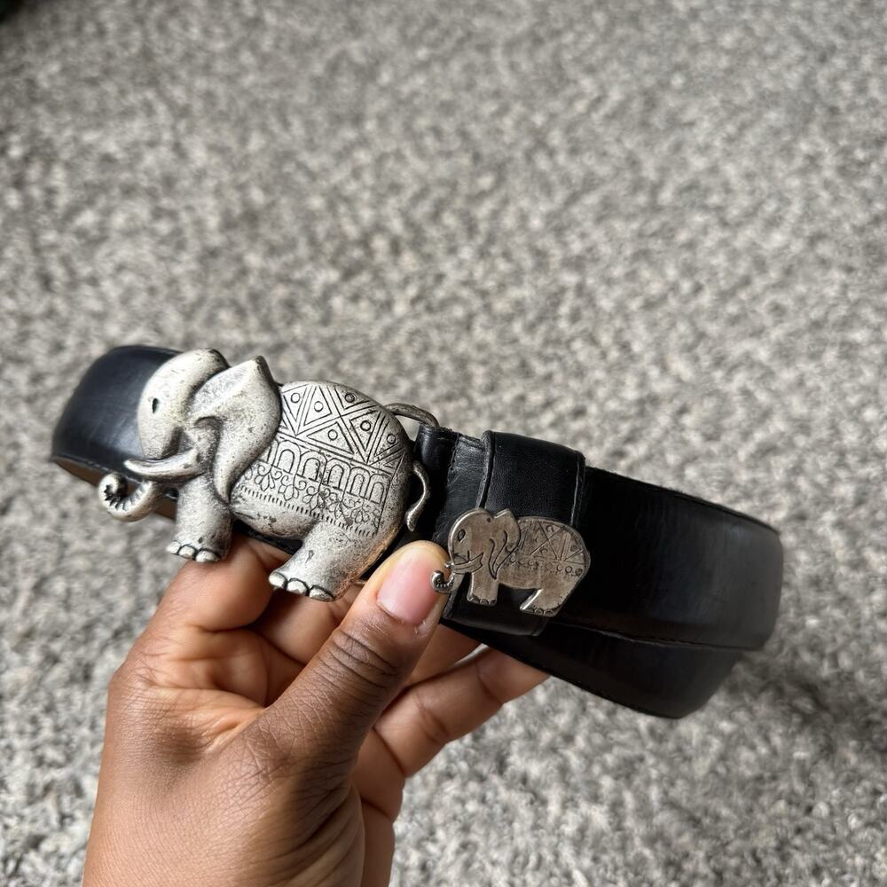 Vintage Elephant Belt Buckle 100% Zamak Black Leather Belt Womens M/L Italy